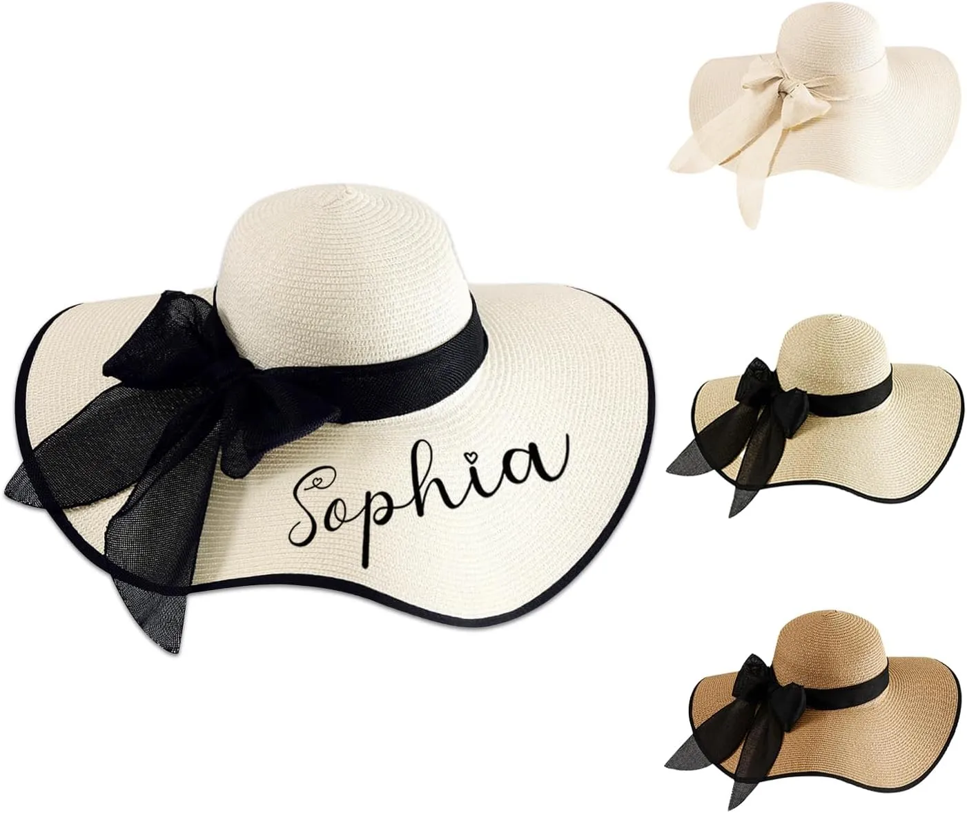 Personalized Womens Straw Sun Hat,Custom Beach Hat with Embroidered Name,Floppy Foldable Summer Caps Wide Bride Hats