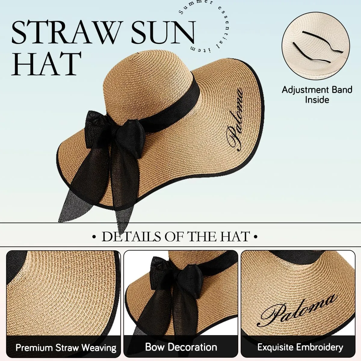 Personalized Womens Straw Sun Hat,Custom Beach Hat with Embroidered Name,Floppy Foldable Summer Caps Wide Bride Hats