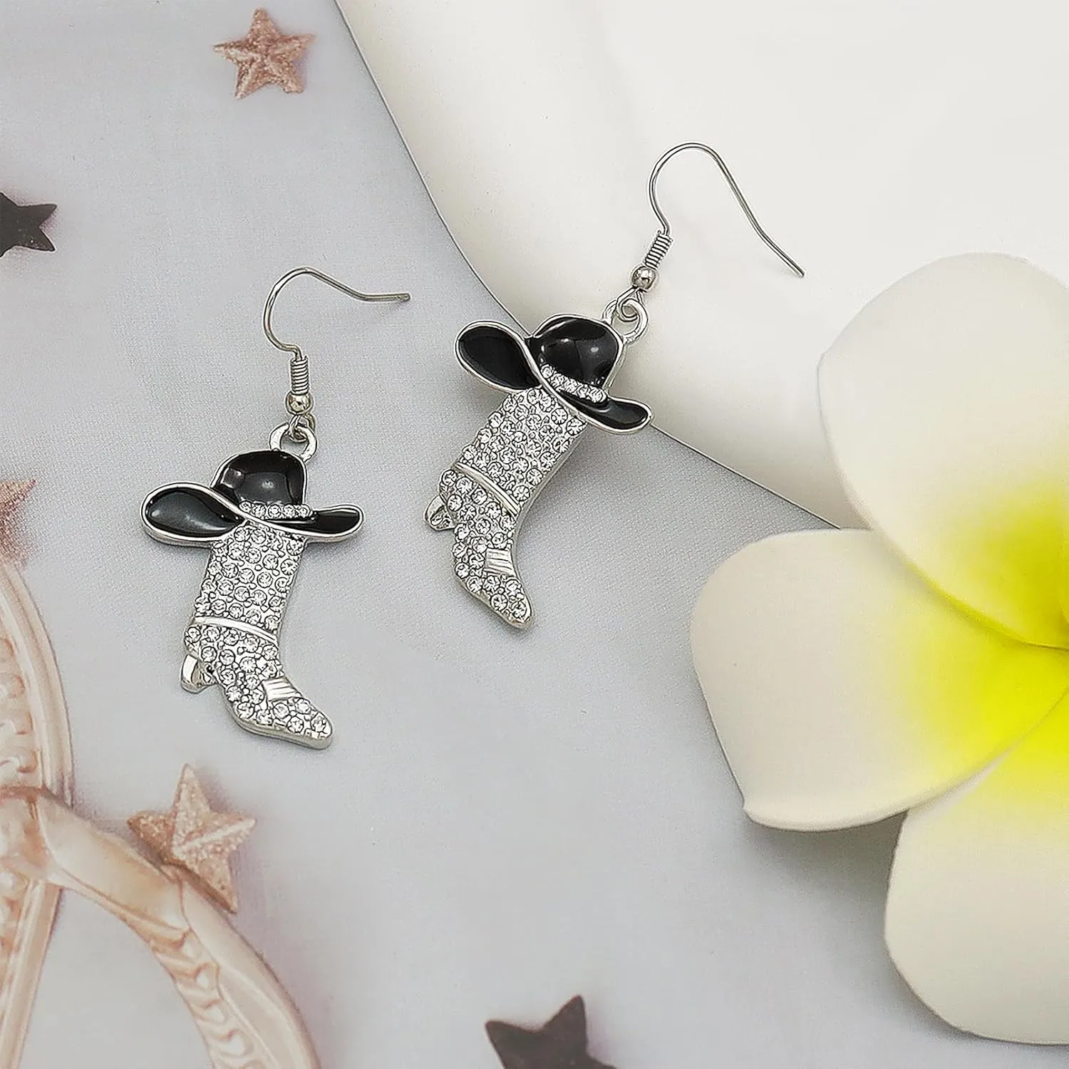 RechicGu Rhinestone Western Boots Earrings Cowgirl Cowboy Enamel Hat Bohemian Rodeo Boot Drop Dangle Earrings for Women