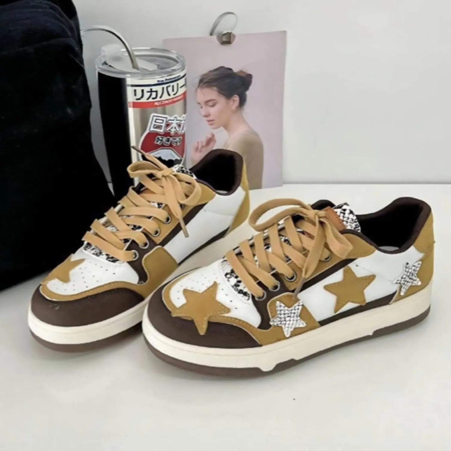Retro Cool Star Chunky Sneakers for Women Trendy Casual Aesthetic Platform Skate Walking Shoes