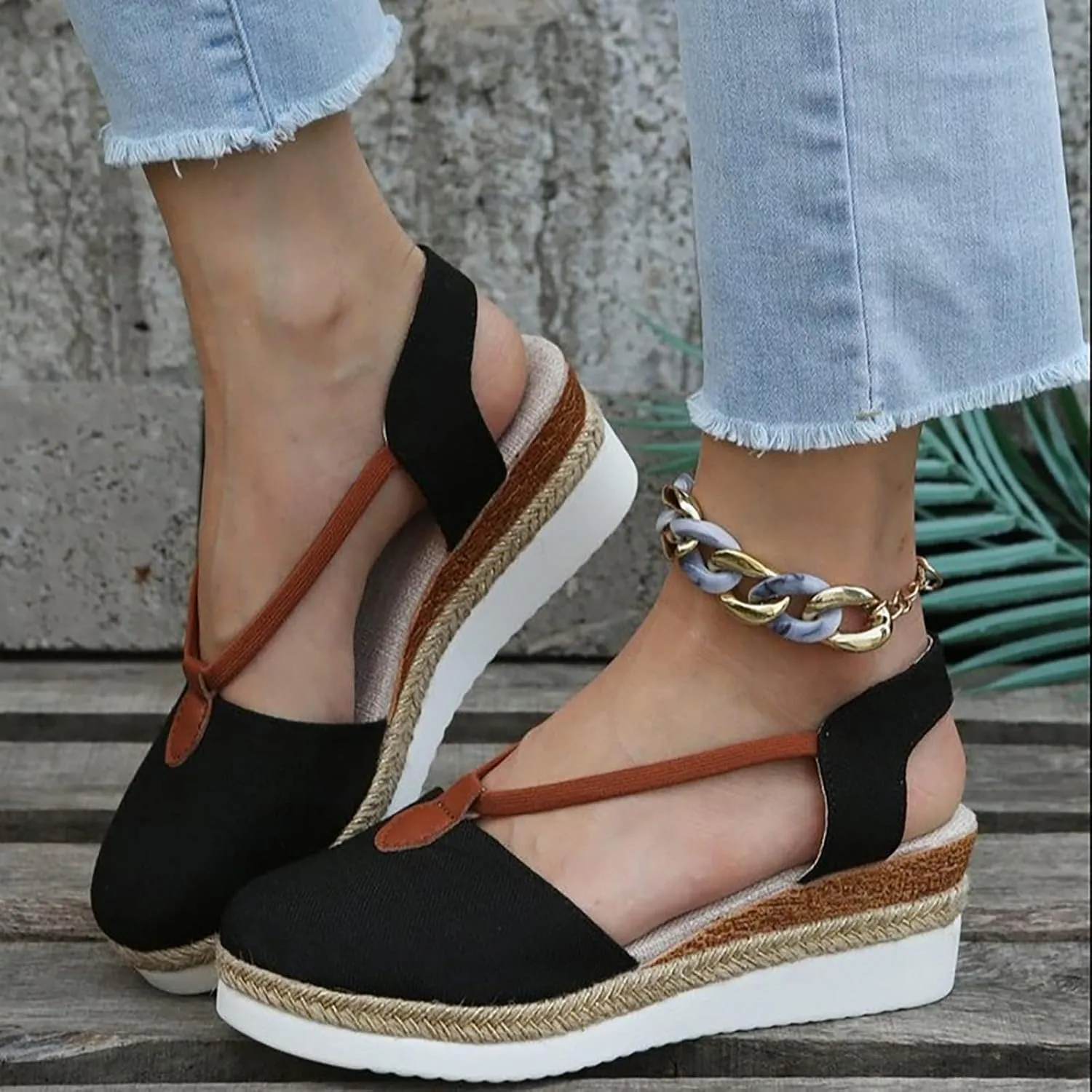 Smoneyful Womens Stylish Platform Wedge Sandals with Circle Ring Detail Espadrille Canvas for Beach Casual Comfortable for Every Occasion