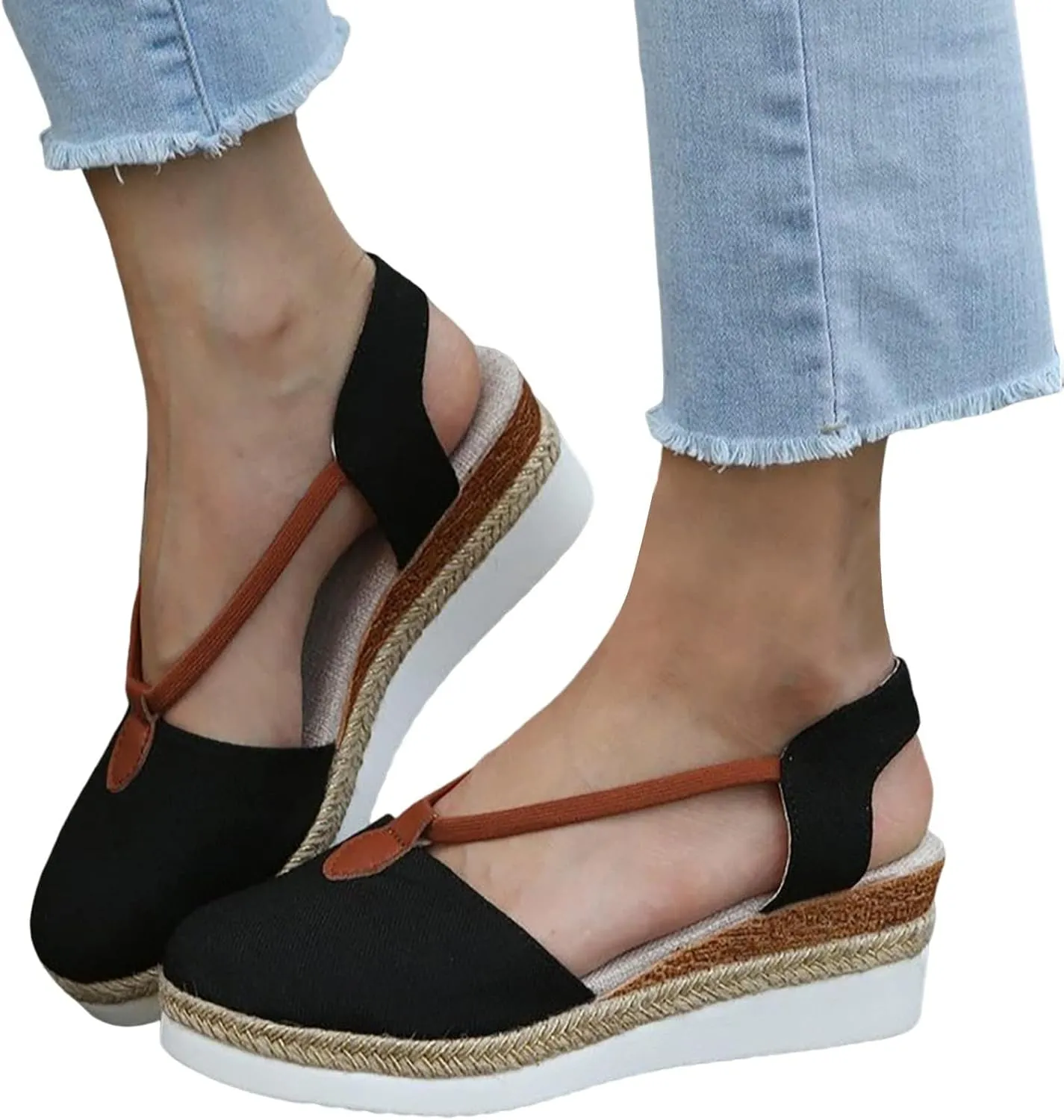 Smoneyful Womens Stylish Platform Wedge Sandals with Circle Ring Detail Espadrille Canvas for Beach Casual Comfortable for Every Occasion