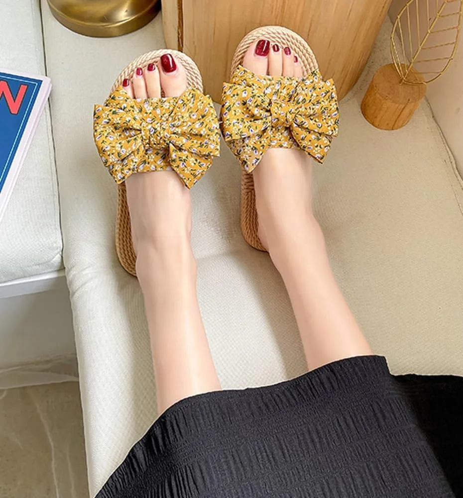 Stylish Sandals for Women Cute Floral Pattern Bowknot Summer Beach Shoes Open Toe Anti-slip Indoor Outdoor Slippers