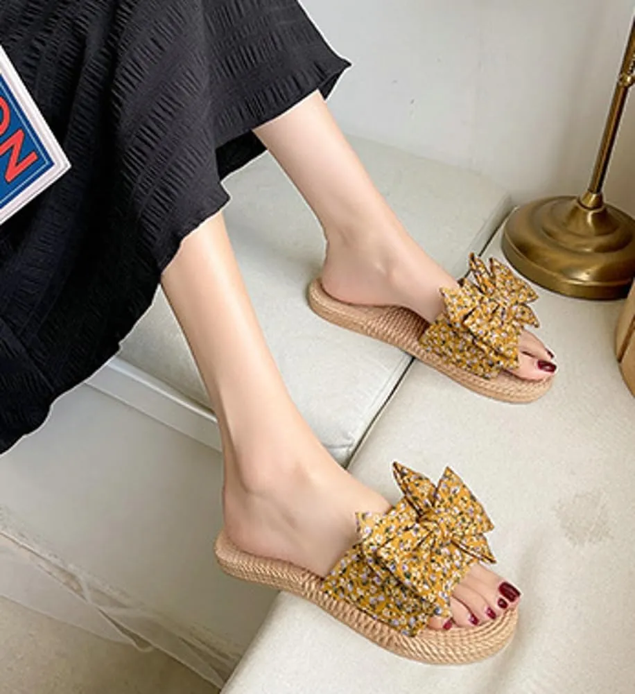 Stylish Sandals for Women Cute Floral Pattern Bowknot Summer Beach Shoes Open Toe Anti-slip Indoor Outdoor Slippers
