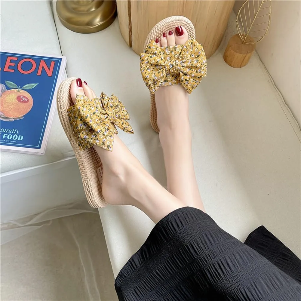 Stylish Sandals for Women Cute Floral Pattern Bowknot Summer Beach Shoes Open Toe Anti-slip Indoor Outdoor Slippers