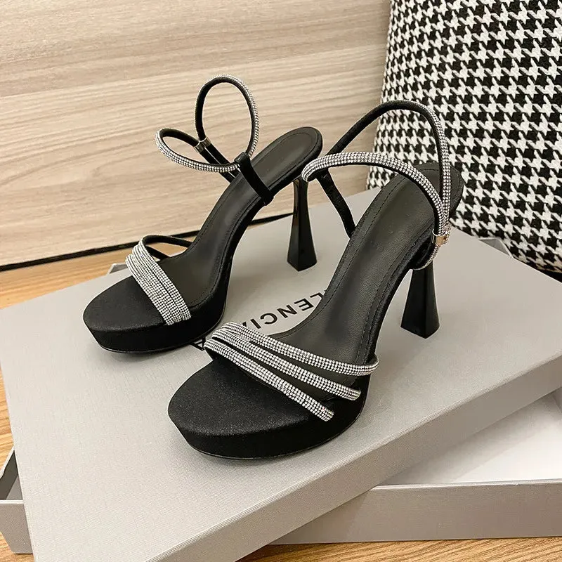 Temperament Round Head High Heel Sandals Waterproof Platform with Fine Heel Water Diamond Ribbon Summer New  Casual Daily Versatile 01