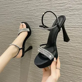 Temperament Round Head High Heel Sandals Waterproof Platform with Fine Heel Water Diamond Ribbon Summer New  Casual Daily Versatile 01