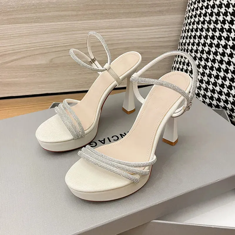 Temperament Round Head High Heel Sandals Waterproof Platform with Fine Heel Water Diamond Ribbon Summer New  Casual Daily Versatile 01