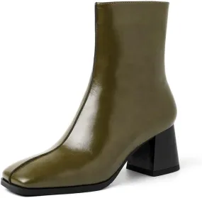 TinaCus Women's Genuine Leather Square Toe Handmade Zipper Mid Chunky Heels Trendy Booties