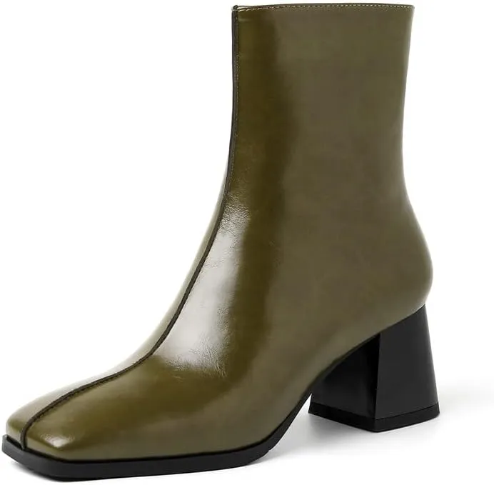 TinaCus Women's Genuine Leather Square Toe Handmade Zipper Mid Chunky Heels Trendy Booties