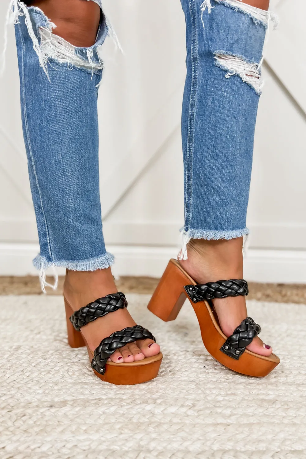 Trendy Times Puffy Braided Block Heels - Black