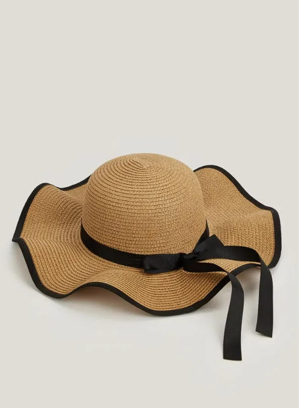 Wavy Brim Black Bow Straw Hat