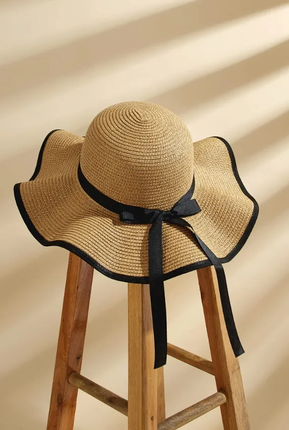 Wavy Brim Black Bow Straw Hat