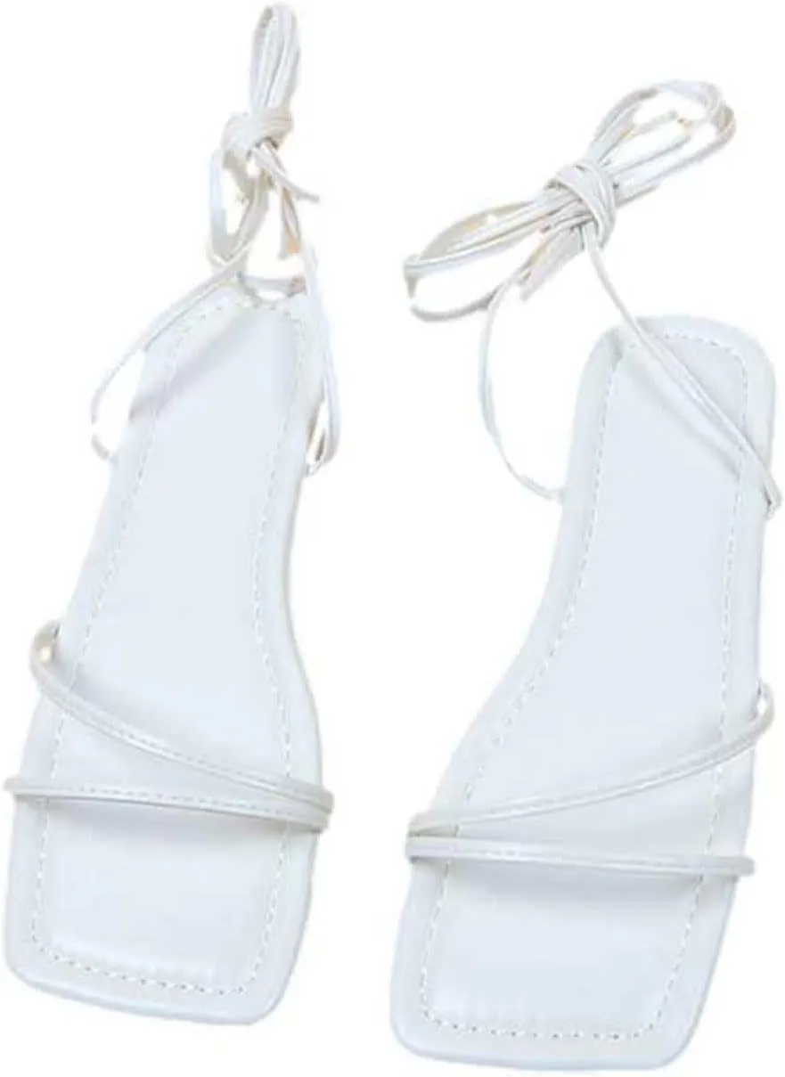 Women's Self Tie Square Toe Sandal Spaghetti Strappy Leather Elegant Shoe Summer Spring Stylish Flats Casual Sandals